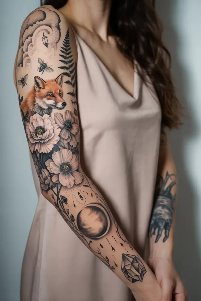 Woman’s arm with a detailed sleeve tattoo featuring a fox, blooming flowers, bees, ferns, a planet, raindrops, and a geometric gemstone in black and gray style.