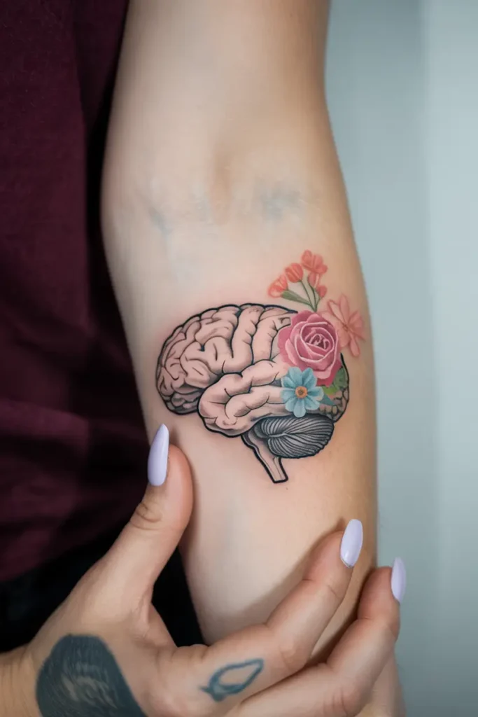 A close-up of a brain tattoo on a forearm, accented with colorful flowers in pink and blue, symbolizing mental health and personal growth.
