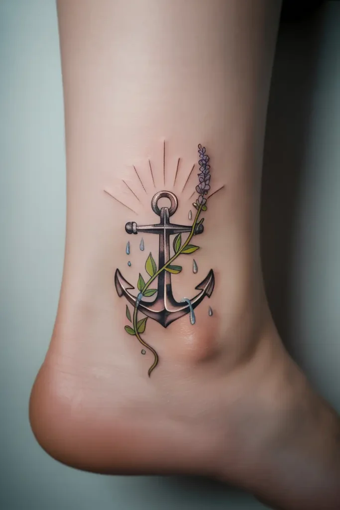 A detailed ankle tattoo of an anchor with lavender flowers, raindrops, and sun rays, symbolizing stability, hope, and inner peace.