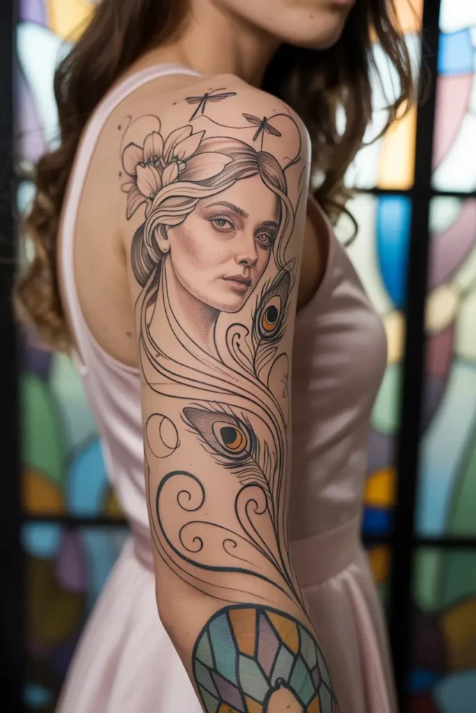 Sleeve tattoo featuring a detailed woman’s portrait, peacock feathers, flowers, dragonflies, and Art Nouveau-inspired lines on a woman’s arm.