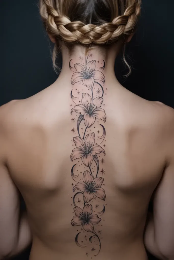 12. Cascading Stargazer Lilies Spine Tattoo