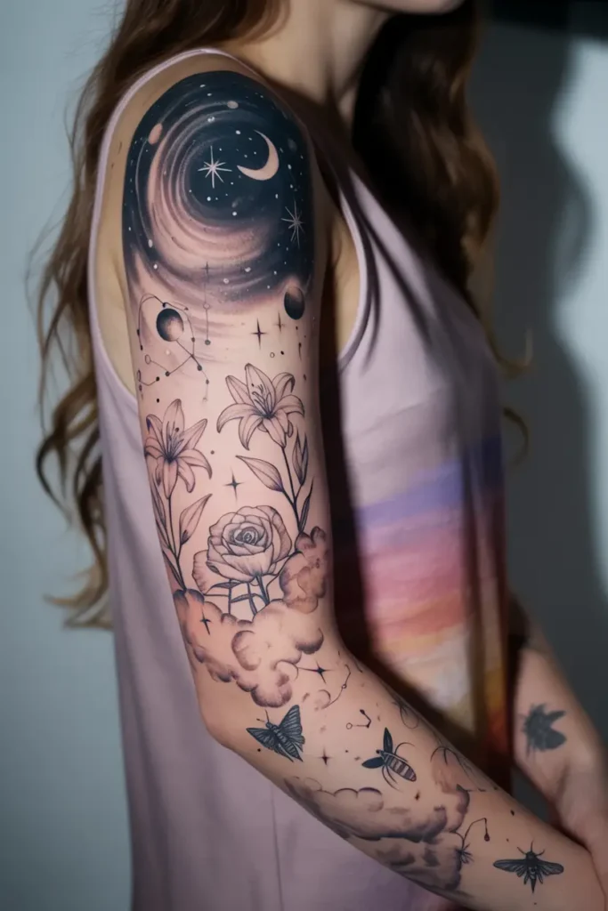 Full sleeve tattoo featuring a swirling galaxy, crescent moon, stars, lilies, roses, clouds, moths, and bees on a woman’s arm.