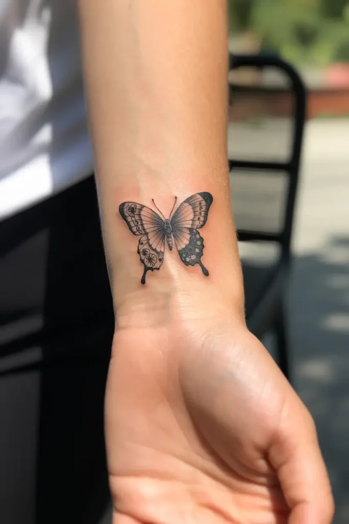 Small wrist tattoo for women showing a butterfly with steampunk-inspired gears and clockwork wing details—intricate, artistic, and unique design.