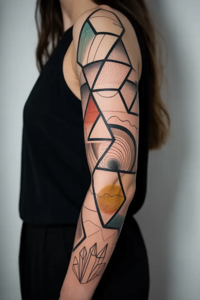 Geometric sleeve tattoo on a woman’s arm with bold black lines, colored shapes, dotwork, abstract patterns, and crystal designs near the wrist.