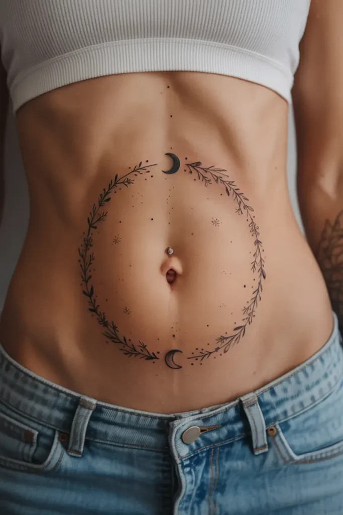 14. Lunar Botanical Belly Wreath Tattoo