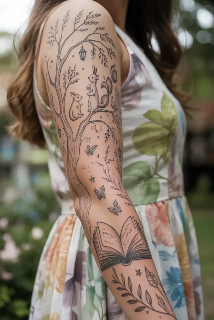 Storybook-inspired sleeve tattoo with a tree, rabbits, squirrels, butterflies, lanterns, and an open book on a woman’s arm.