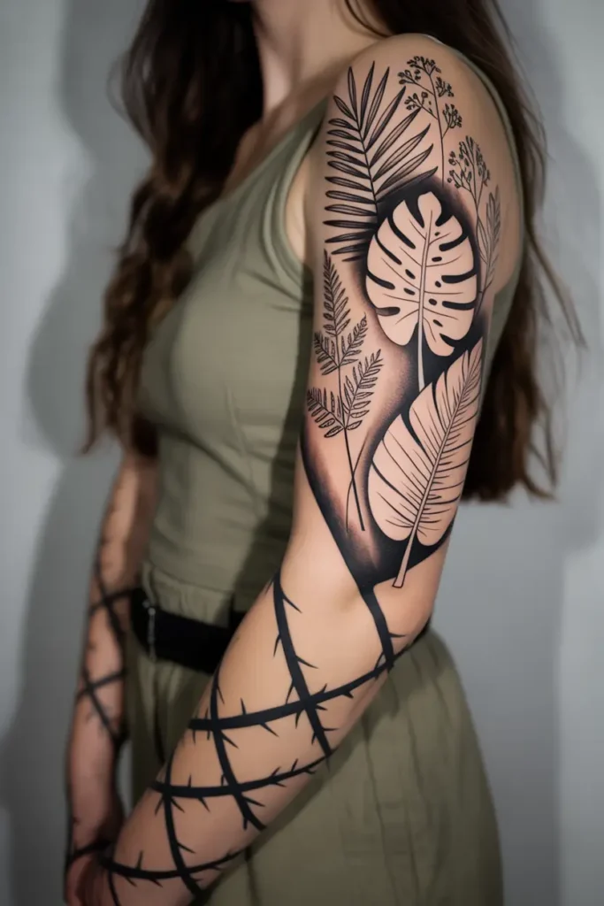 Tropical sleeve tattoo with blackwork monstera and banana leaves, ferns, delicate branches, and thorny vines on a woman’s arm.