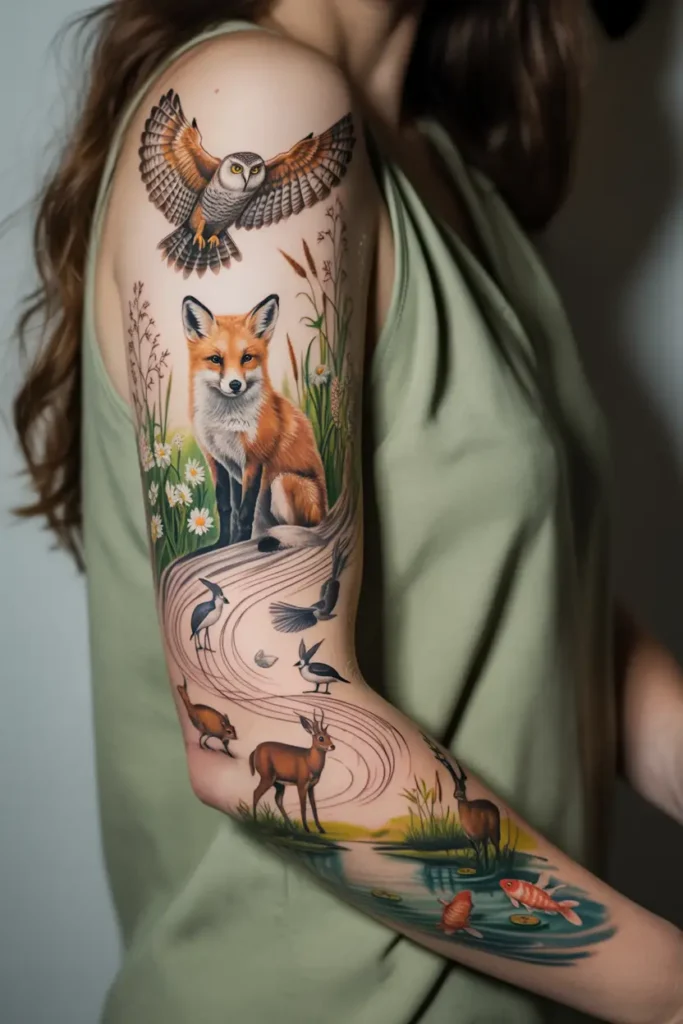 Full sleeve tattoo an owl, fox, birds, deer, flowers, and a pond with fish in a colorful nature scene on a woman’s arm.