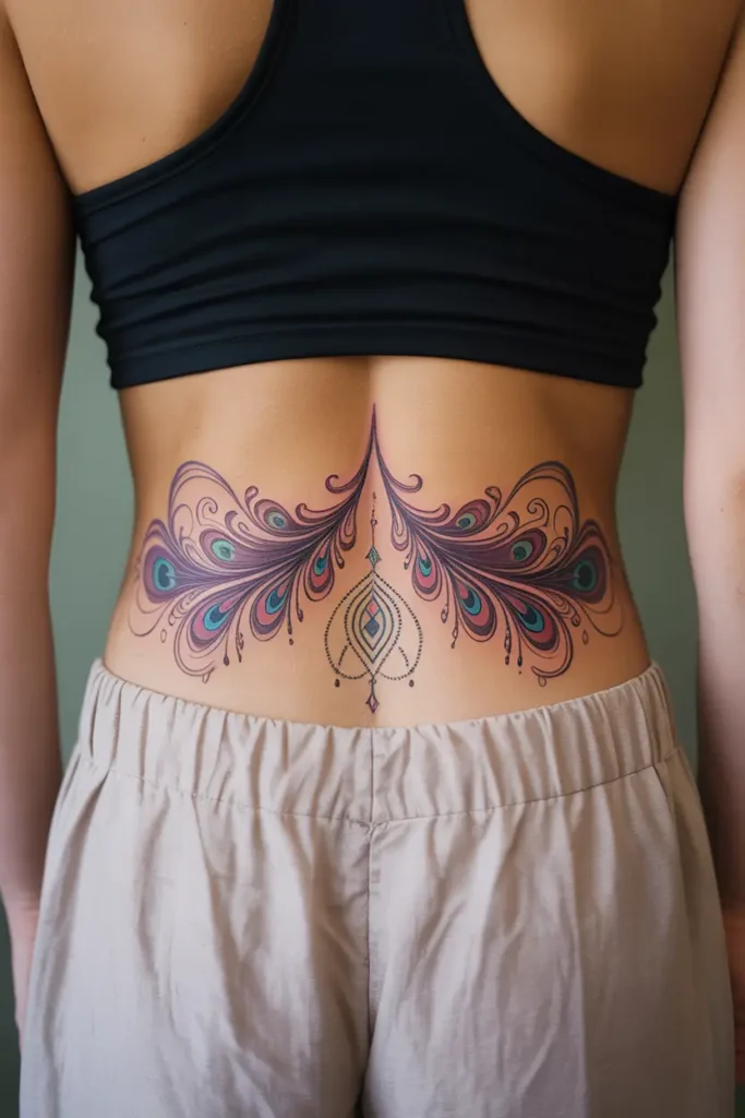 Lower back tattoo with colorful, swirling peacock feather motifs and a central mandala accent in teal, purple, and rose.