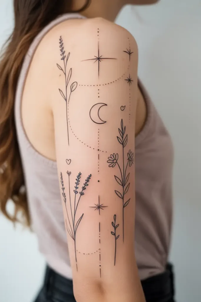 Minimalist sleeve tattoo on a woman’s arm with fine line wildflowers, stars, crescent moon, and dotted patterns for a celestial look.