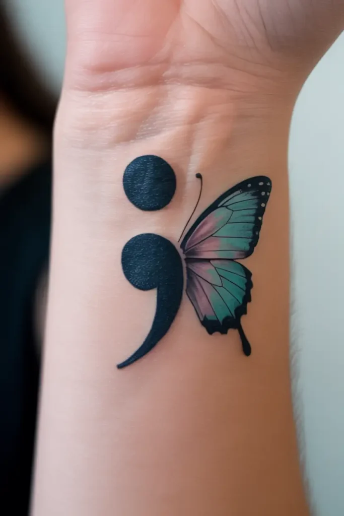 A wrist tattoo featuring a large black semicolon blended with a colorful butterfly wing, symbolizing mental health awareness and personal growth.