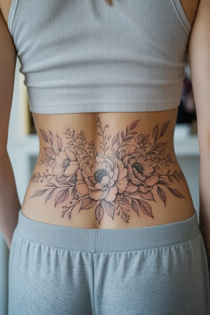 Lower back tattoo with three large peonies and detailed leaves, designed in fine black linework and soft shading.