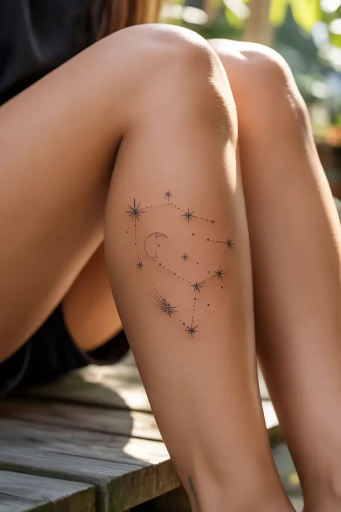 Small constellation tattoo for women on the calf, featuring stars, a heart-shaped pattern, crescent moon, and shooting star—delicate, celestial, and romantic design.