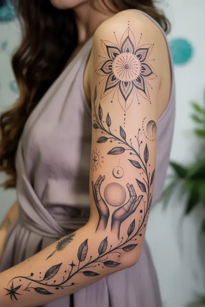 Sleeve tattoo featuring a detailed mandala on the shoulder, dotwork leaves, celestial symbols, and hands holding an orb on a woman’s arm.