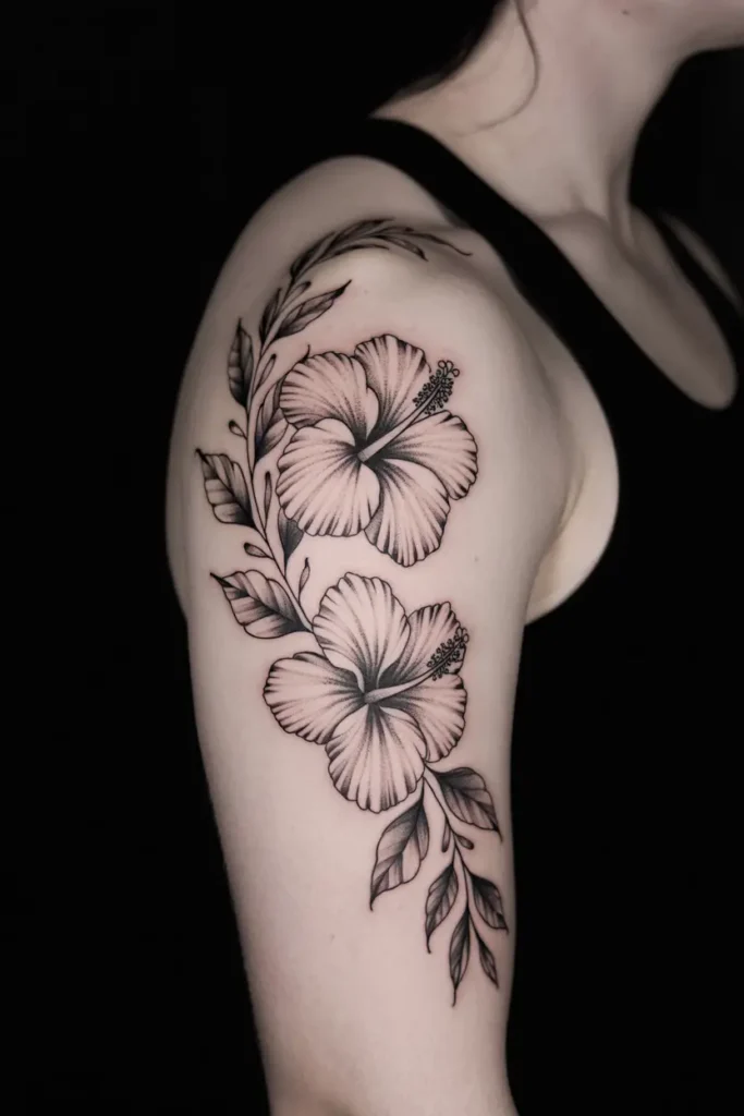 Black and gray sleeve tattoo with detailed hibiscus flowers and leafy branches on a woman’s upper arm.