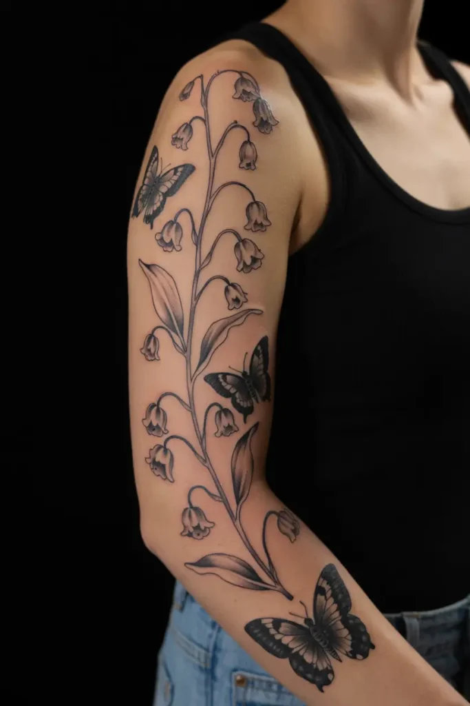 Black and gray sleeve tattoo featuring lily of the valley flowers and detailed butterflies on a woman’s arm.