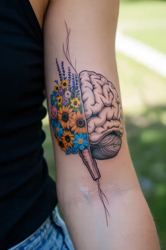 A detailed tattoo on the upper arm showing one half of a brain and one half made of colorful wildflowers, symbolizing mental health, growth, and healing.