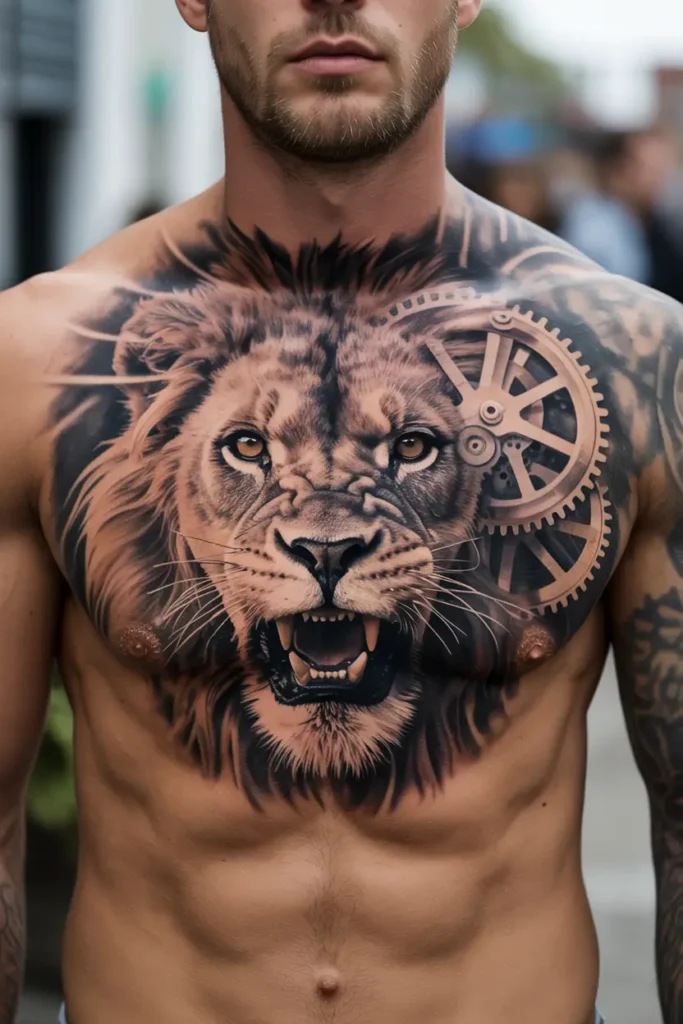 3. Mechanical Lion Chest Tattoo
