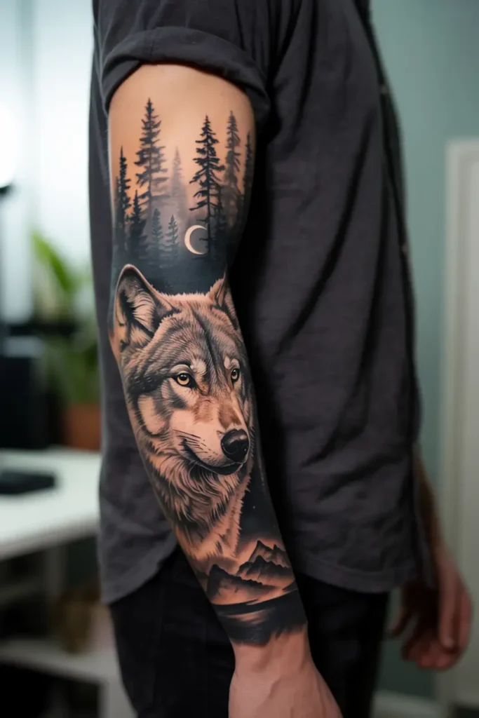 4. Wolf and Moon Forest Sleeve Tattoo