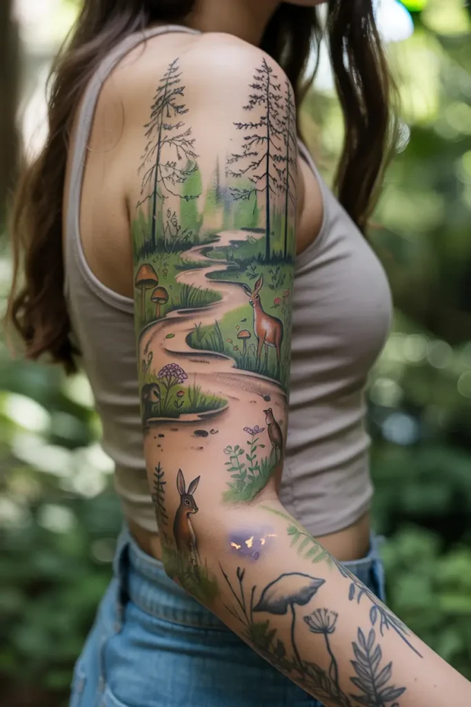 Nature-inspired sleeve tattoo on a woman’s arm showing a winding forest path with trees, deer, rabbits, birds, wildflowers, and mushrooms in soft colors.