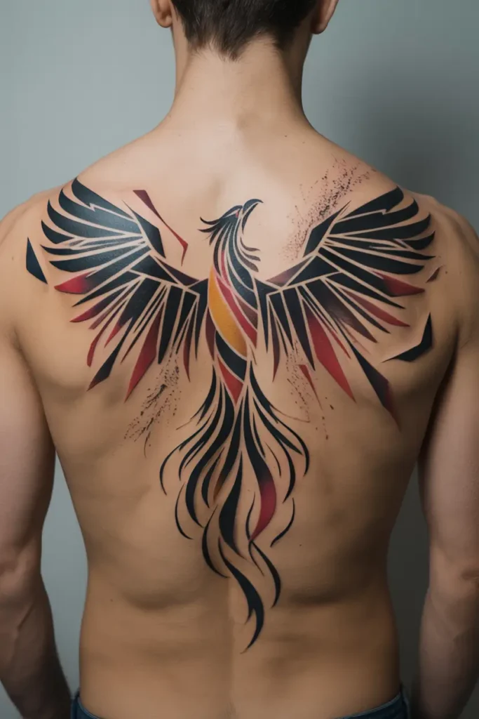 5. Geometric Phoenix Back Tattoo