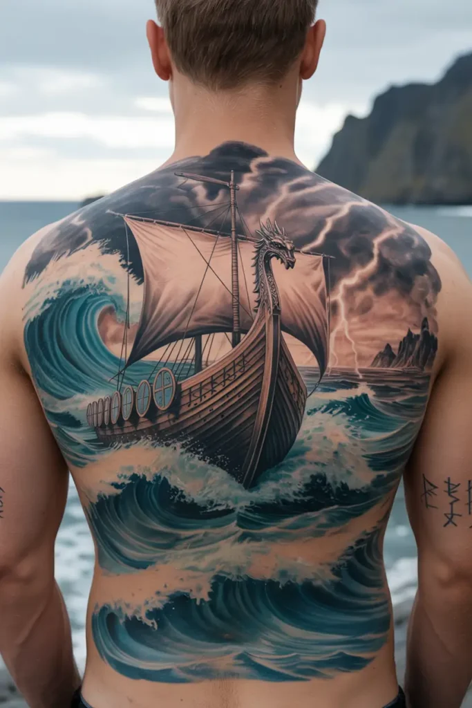 6. Viking Longship Adventure Back Tattoo