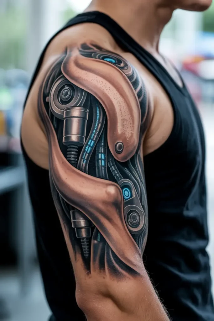 7. Futuristic Biomechanical Arm Tattoo