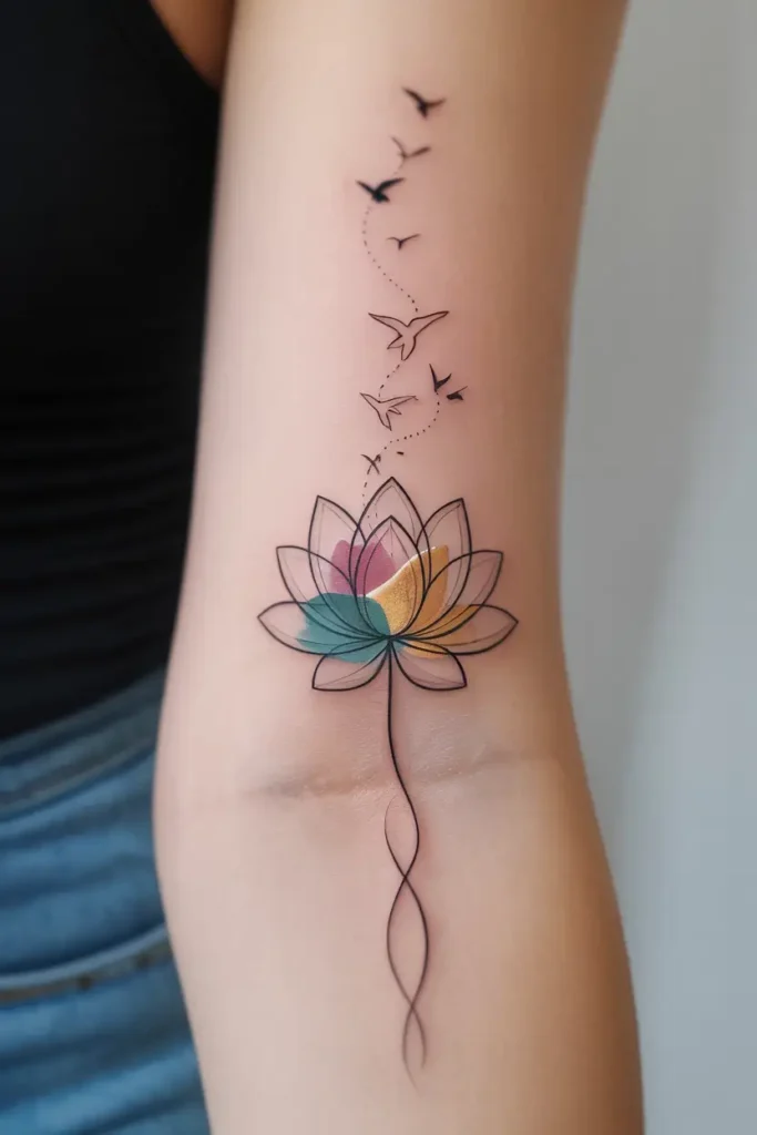 A colorful lotus flower tattoo on the forearm with birds flying upward, representing transformation, healing, and inner peace.