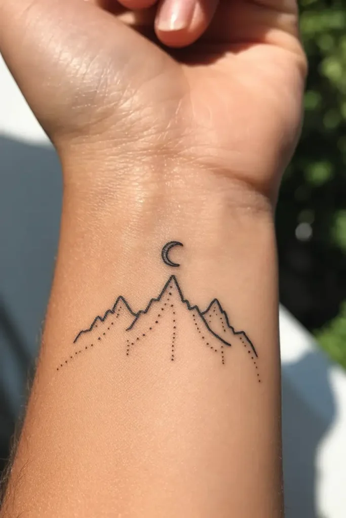 8. Minimalist Mountain and Moon Wrist Tattoo