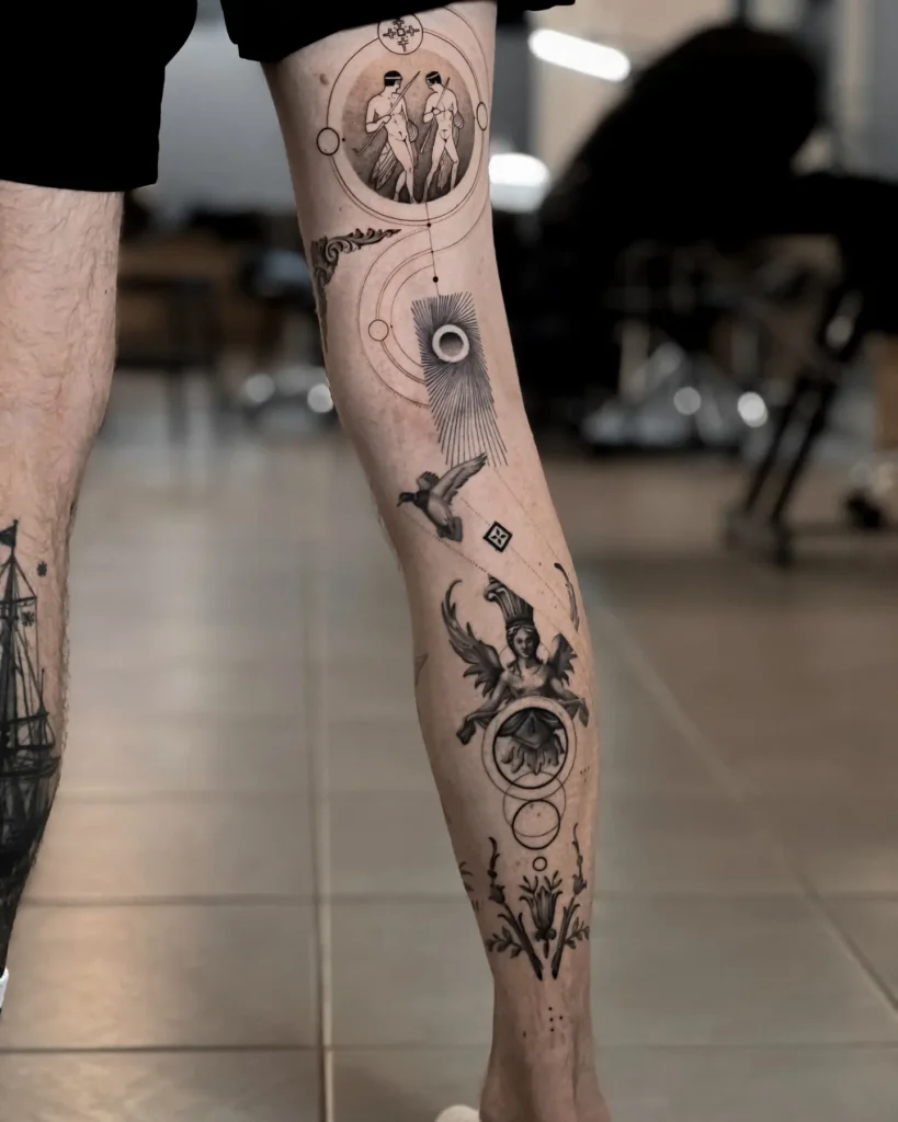Mythic Collage Leg Tattoo