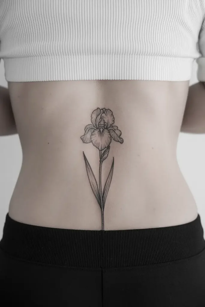  Lower back tattoo with a single iris flower, featuring fine black linework and minimalist botanical details.
