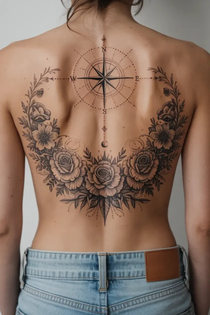 Lower back tattoo featuring a compass rose and intricate floral garland with detailed roses and leaves.