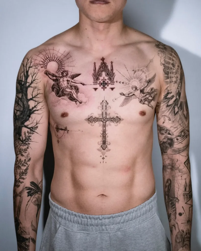 Alt-Text:
Symmetrical chest tattoo for men featuring gothic elements, angels, a central cross, and fine line detailing; includes sunbursts and architectural symbols, styled with high precision and spiritual undertones.