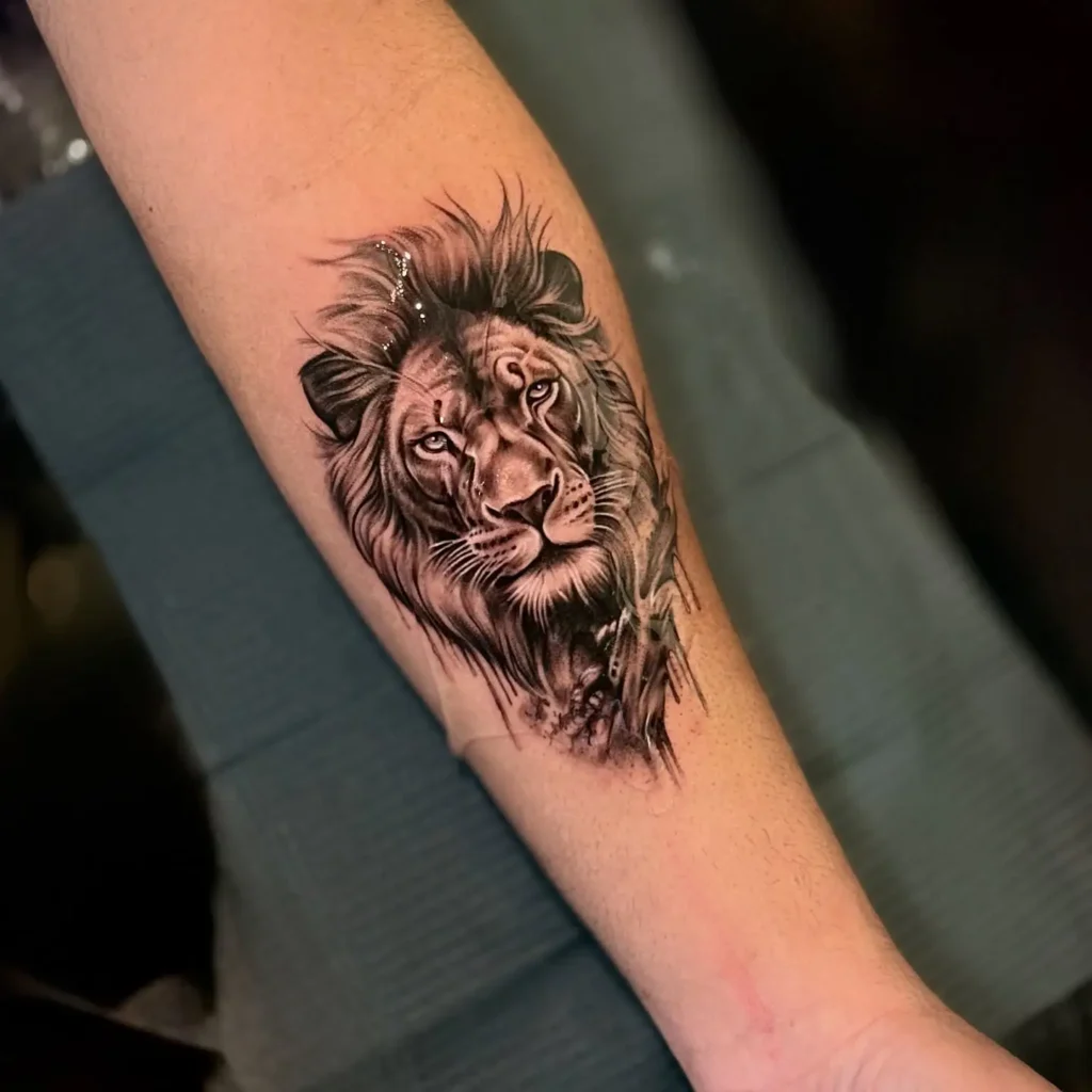 Detailed lion tattoo on inner forearm featuring realistic shading and expressive eyes. Inked in black and grey tones with intense depth and texture. A striking choice for animal tattoo ideas arm or sleeve styles, highlighting strength and dignity. Great example for those wanting bold, lifelike animal tattoo ideas easy to showcase.









