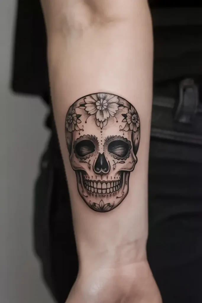 Black and gray sugar skull tattoo with floral designs on forearm, inspired by traditional Mexican tattoo ideas and Día de los Muertos symbolism.









