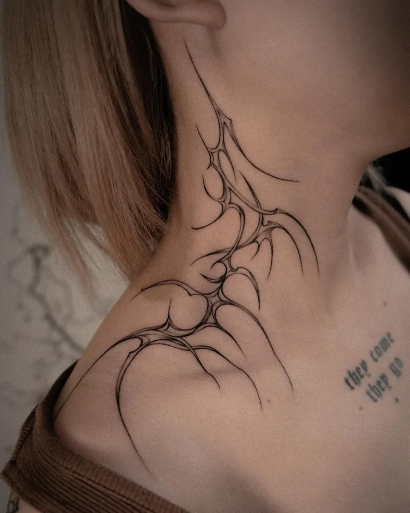 Abstract spiked web tattoo flowing from throat to collarbone, unique neck tattoos for women design with fine black lines and sharp angles.