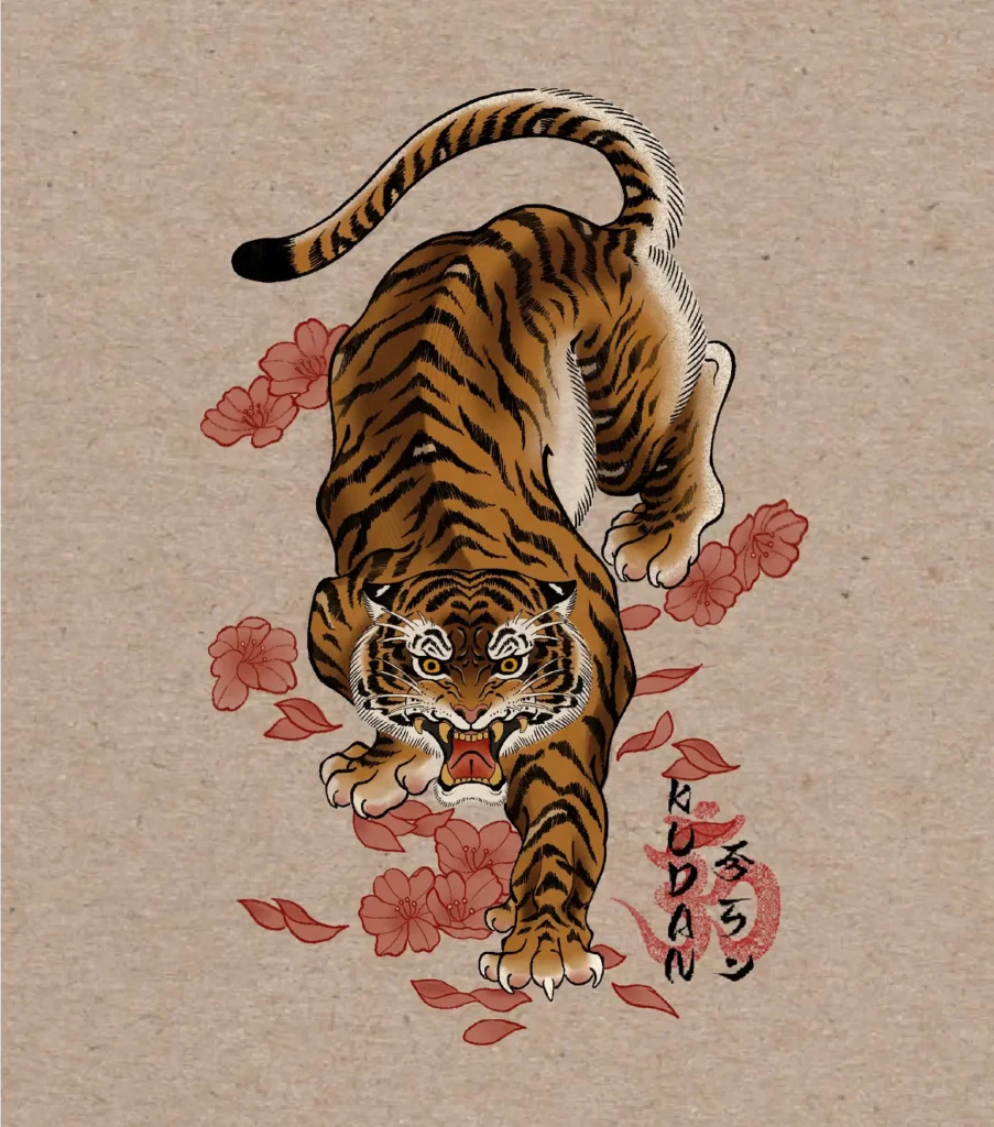 Traditional Japanese tiger tattoo illustration with a roaring tiger in mid-pounce, surrounded by red cherry blossom petals. Features bold black outlines, orange-and-black stripes, and stylized fur detailing. Set against textured beige background. A dramatic, symbolic piece for animal tattoo ideas sleeve or back tattoos. Represents bravery, protection, and primal energy in classic Irezumi style.








