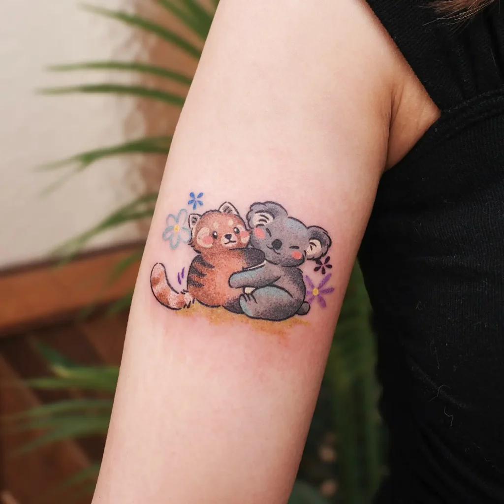 Colorful arm tattoo of a hugging koala and red panda surrounded by purple, blue, and yellow flowers. Both animals are illustrated in a soft, kawaii style with blush cheeks, creating a cute and heartwarming design. This vibrant and joyful tattoo fits perfectly into animal tattoo ideas and symbolizes love, bonding, and playful friendship.