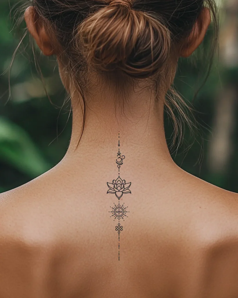 Vertical spine tattoo with Om, lotus, and sun symbols, reflecting spirituality, inner peace, and feminine strength

