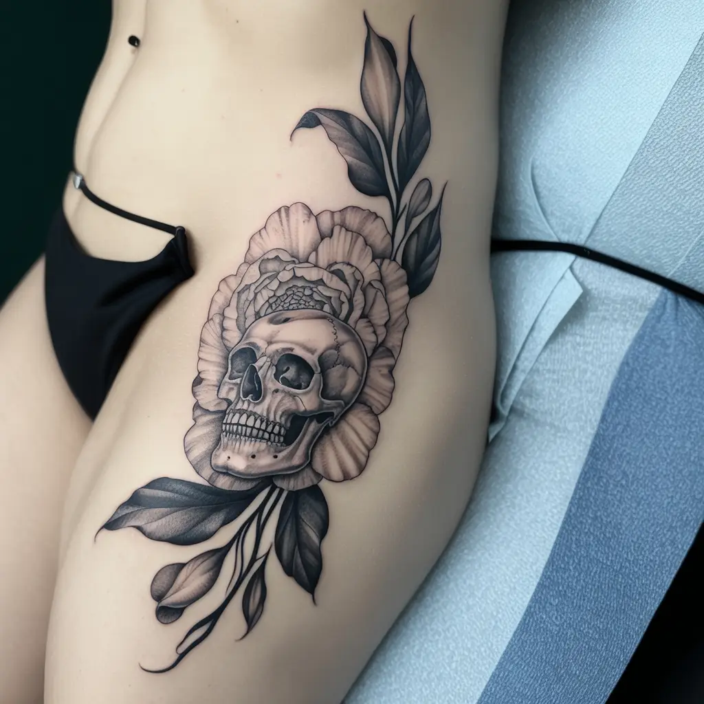 Floral Skull with Lilies Hip Tattoo