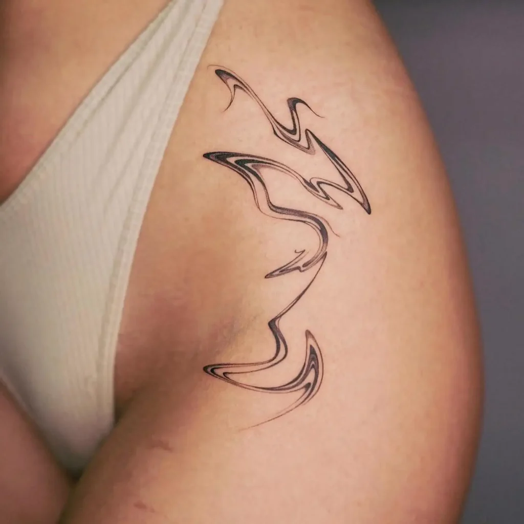 Abstract wavy line tattoo on side torso with sharp fluid curves and flame-like shapes in fine black ink.