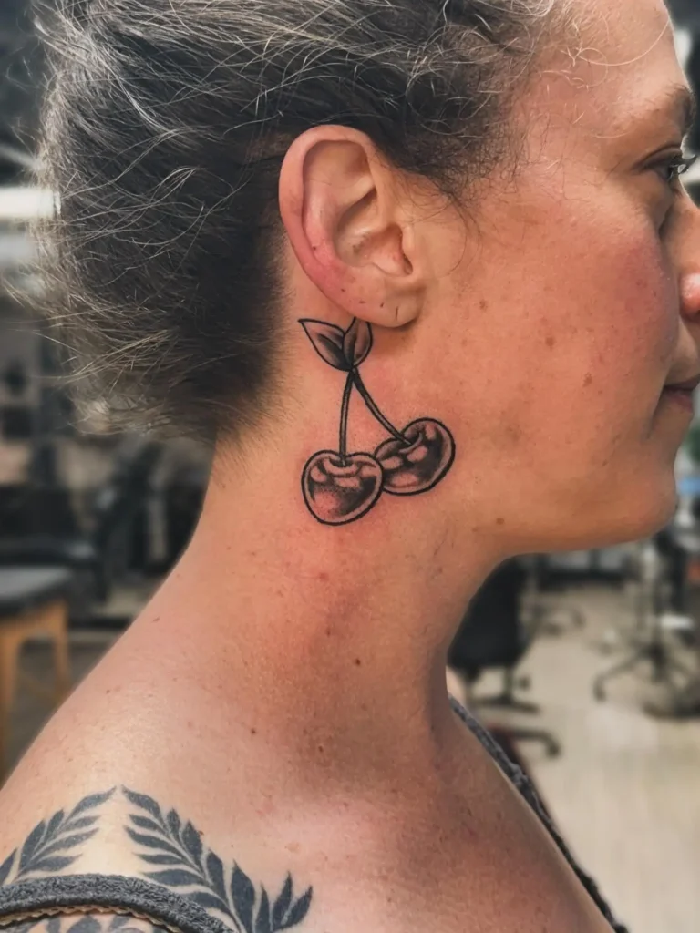 Bold cherry neck tattoo for women with strong outlines and soft shading, placed below the ear for a playful retro look.