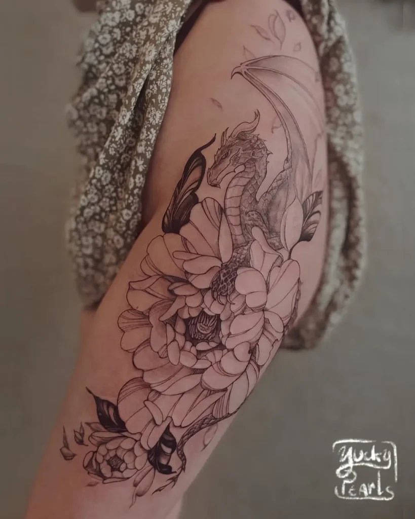 Floral Dragon Hip Tattoo