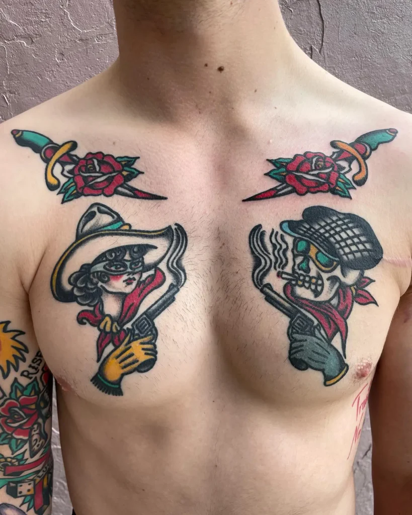 Traditional-style chest tattoo for men showing a standoff between a cowgirl and a skeleton gunslinger, paired with roses and daggers on the collarbones; bright old-school colors and bold outlines reflect vintage Americana ink.
