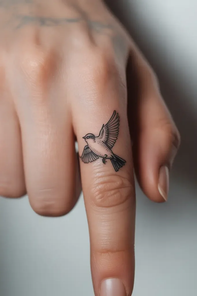 Close-up of a woman’s hand showcasing a realistic bird tattoo on the middle finger. The finely detailed bird design features soft shading and outstretched wings, capturing a moment of flight in black and muted tones. The tattoo sits neatly across the knuckle, combining artistry with symbolism of freedom and grace. A beautiful and unique finger tattoo idea for women who appreciate nature and delicate body art.










