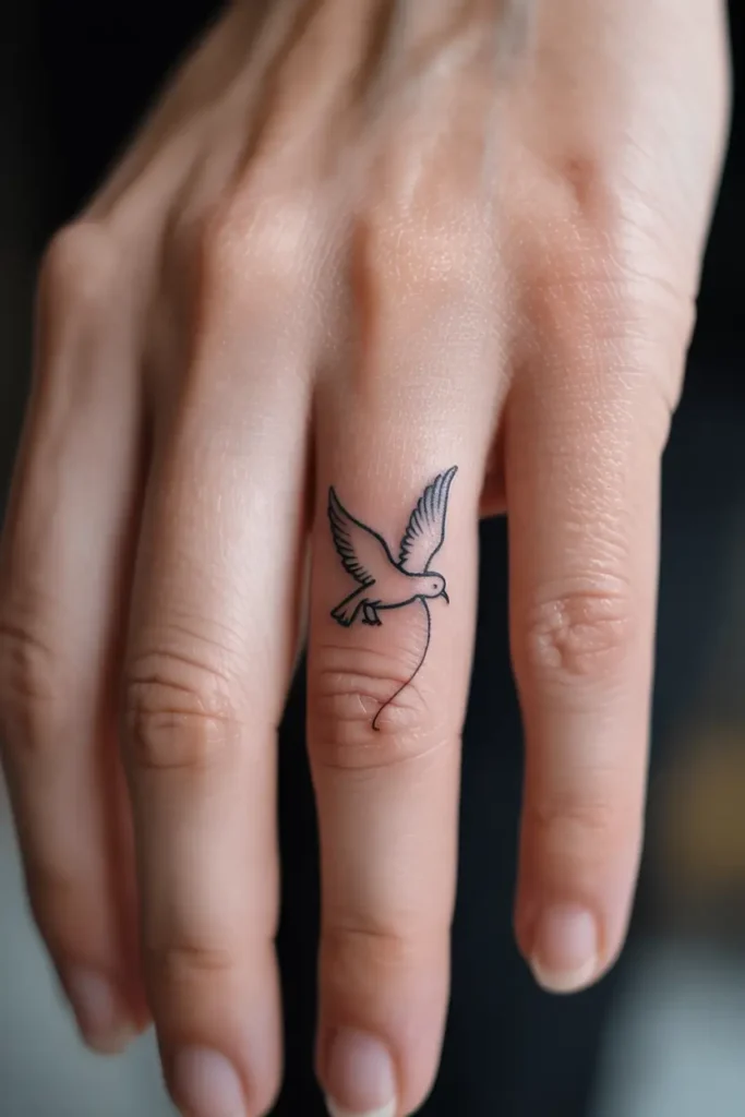 Close-up of a woman's hand featuring a delicate dove tattoo on the ring finger. The minimalist black ink design shows the bird in mid-flight, symbolizing peace, freedom, and hope. The fine line extending from the dove adds graceful movement to the artwork. With clean, natural nails and soft lighting, this finger tattoo offers a serene and meaningful choice for women who love subtle yet symbolic body art.









