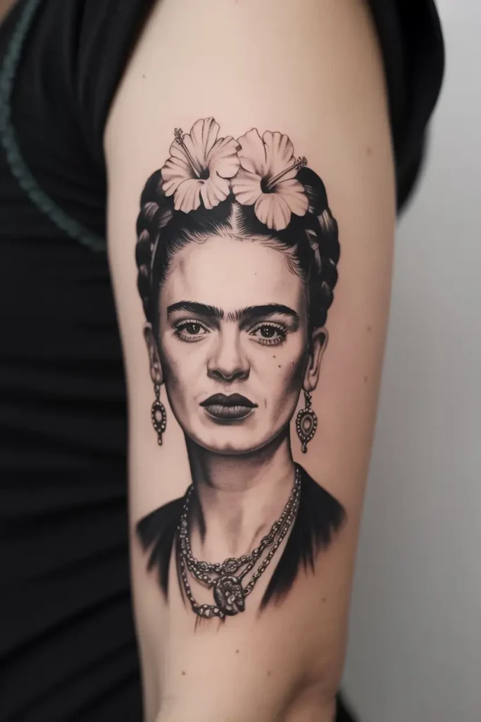 Black and gray tattoo of Frida Kahlo on upper arm, featuring braided hair with hibiscus flowers and detailed jewelry, inspired by iconic Mexican tattoo ideas.