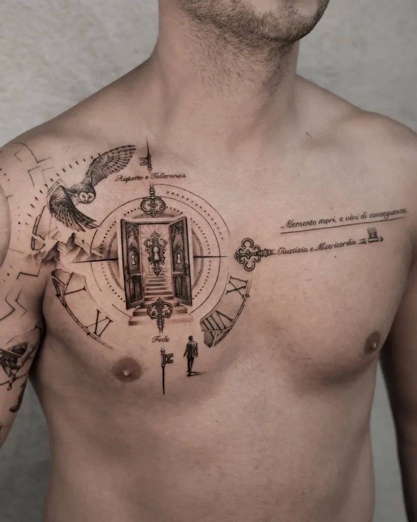 Detailed chest tattoo for men featuring a key unlocking ornate doors, Roman numerals forming a clock, an owl in flight, and a walking man; the tattoo includes Italian script and symbolic elements representing time, faith, and wisdom.