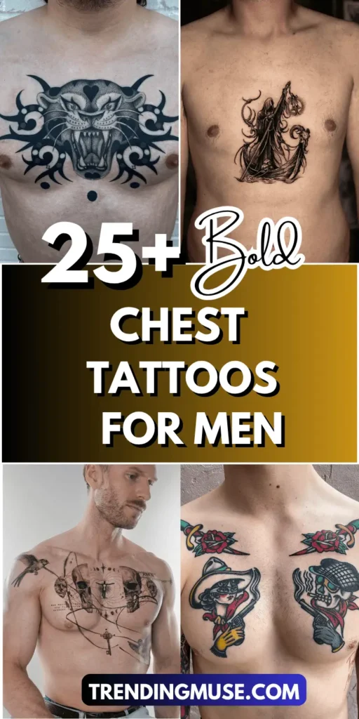 Collage image titled “25+ Bold Chest Tattoos for Men.” Features bold black tribal lion chest tattoo, robed grim reaper inked at center chest, geometric skull chest piece, and two colorful neo-traditional character tattoos with red roses. A man in the bottom left sports a large anatomical and cosmic-themed design across his chest and shoulders. Gold gradient banner in the center highlights bold white and black text showcasing powerful male tattoo inspiration from abstract to traditional styles.