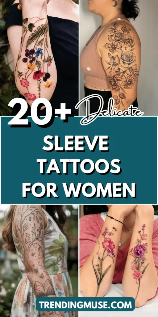 image titled “20+ Delicate Sleeve Tattoos for Women” featuring six tattoo sleeve designs on female arms. Top row includes: a colorful botanical forearm tattoo, a bold black floral upper arm piece, and a fine-line garden-inspired sleeve. Bottom row includes: a whimsical woodland sleeve with line art, and a dual forearm floral watercolor design with bees. Image uses a teal background with bold white and black text overlay for title clarity.









